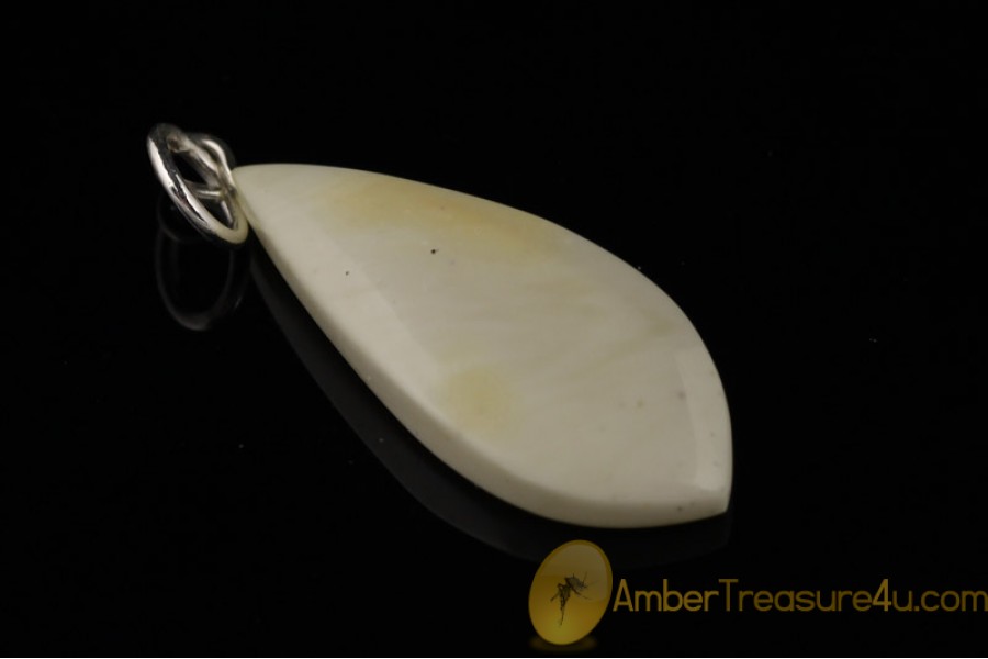 WHITE Color  Genuine BALTIC AMBER Silver Pendant