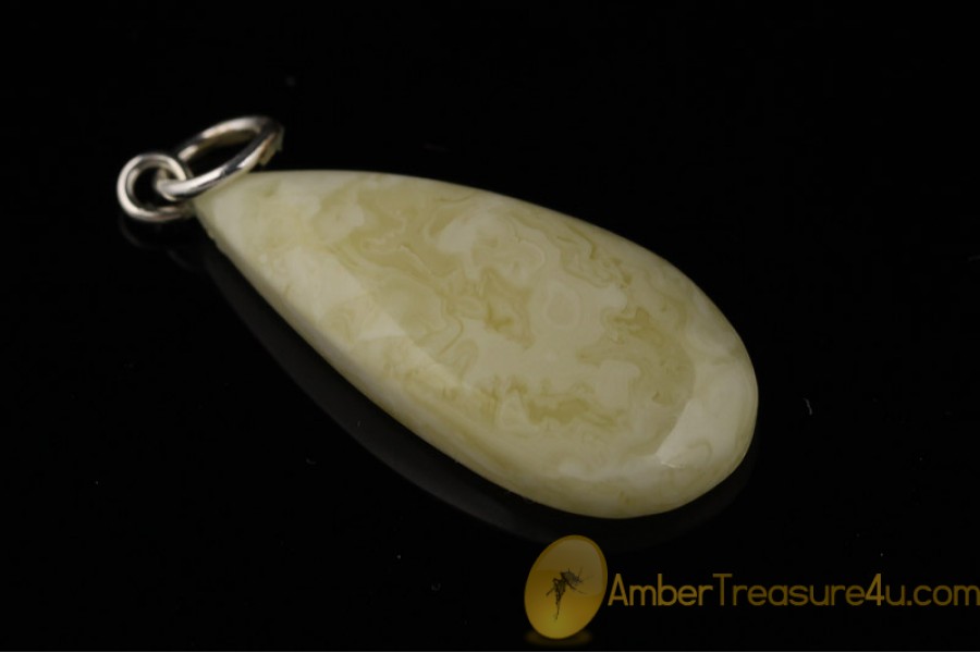 WHITE & BUTTER Color  Genuine BALTIC AMBER Silver Pendant