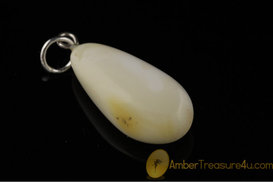 WHITE Color  Genuine BALTIC AMBER Silver Pendant