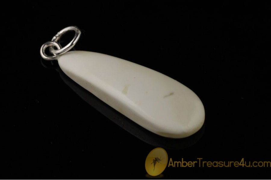 WHITE Color  Genuine BALTIC AMBER Silver Pendant