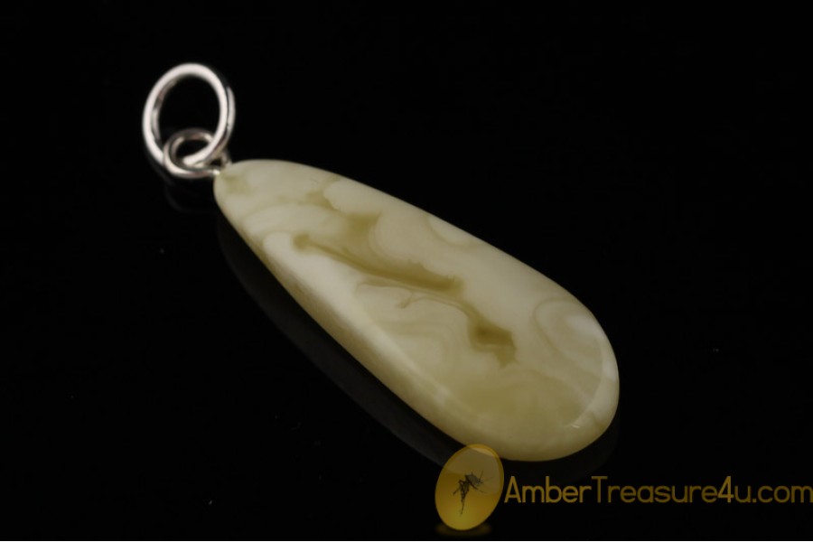 WHITE & BUTTER Color  Genuine BALTIC AMBER Silver Pendant