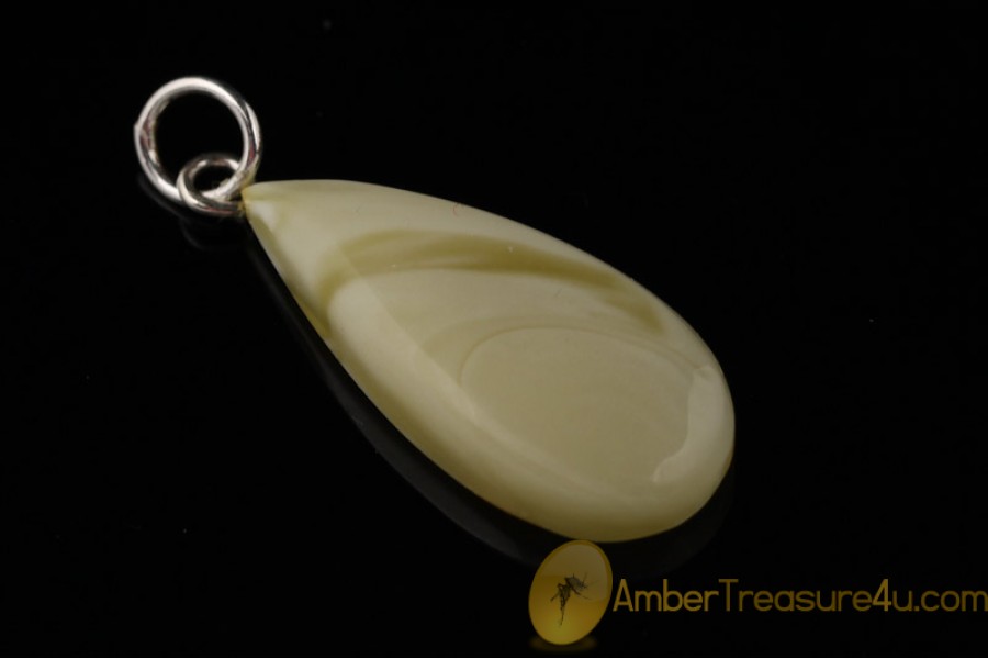 WHITE & BUTTER Color  Genuine BALTIC AMBER Silver Pendant