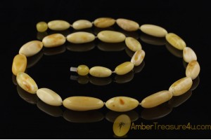 WHITE & BUTTER Color Olive Beads Genuine BALTIC AMBER Necklace