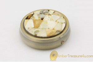 Excellent Pill Box Decorated with Genuine BALTIC AMBER Mosaic