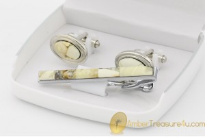 Excellent Cufflink & Tie pin Set Decorated with BALTIC AMBER Mosaic