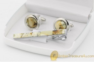 Excellent Cufflink & Tie pin Set Decorated with BALTIC AMBER Mosaic
