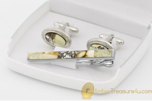 Excellent Cufflink & Tie pin Set Decorated with BALTIC AMBER Mosaic