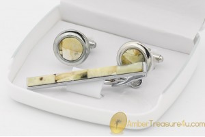 Excellent Cufflink & Tie pin Set Decorated with BALTIC AMBER Mosaic