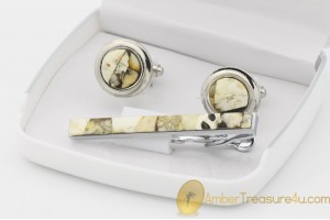 Excellent Cufflink & Tie pin Set Decorated with BALTIC AMBER Mosaic