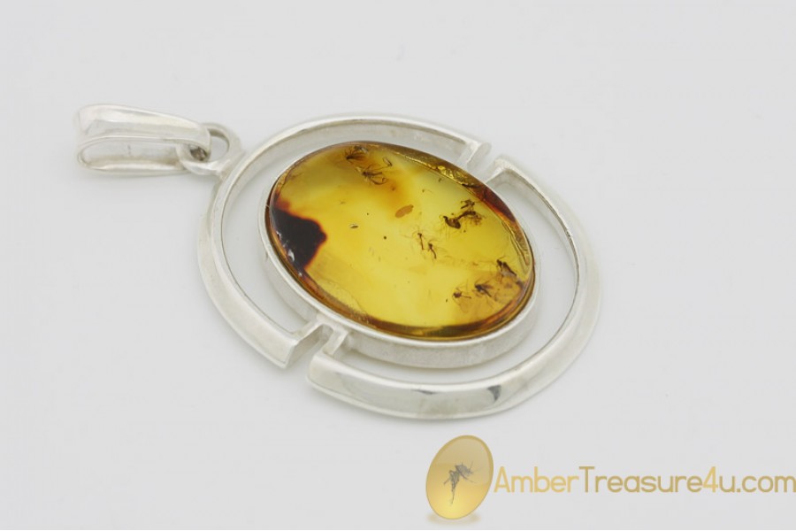 Large Genuine BALTIC AMBER Silver Pendant w Fossil Inclusions - SWARM of 12 GNATS Large Genuine BALTIC AMBER Silver Pendant w Fossil Inclusions - SWARM of 12 GNATS