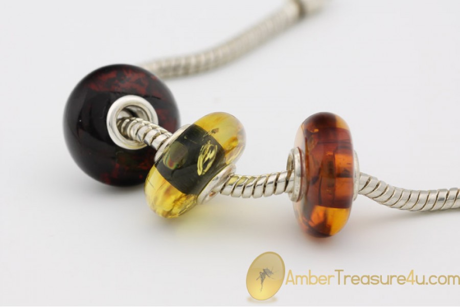 Lot of 3  Genuine BALTIC AMBER Beads fit to PANDORA & TROLL Bracelet 