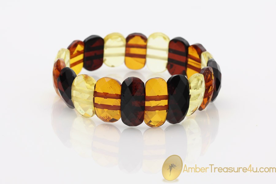 Large Faceted Multicolor Genuine BALTIC AMBER Stretch Bracelet 