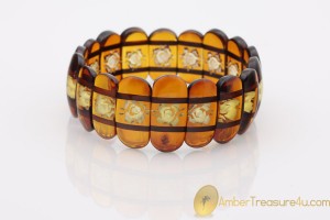 Excellent Large Carved  Genuine BALTIC AMBER Stretch Bracelet 