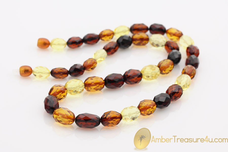 Faceted Multicolor Olive Shape Beads Genuine BALTIC AMBER Necklace