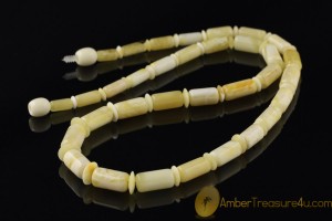 White Color Cylinder Shape Beads  Genuine BALTIC AMBER Unisex Necklace