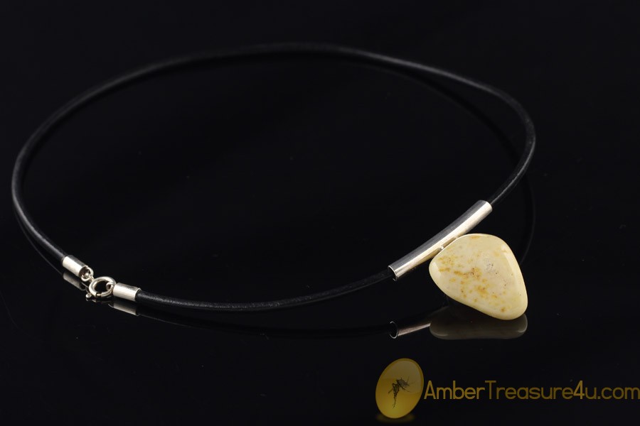 White Color Large Genuine BALTIC AMBER Pendant on Leather String White Color Large Genuine BALTIC AMBER Pendant on Leather String