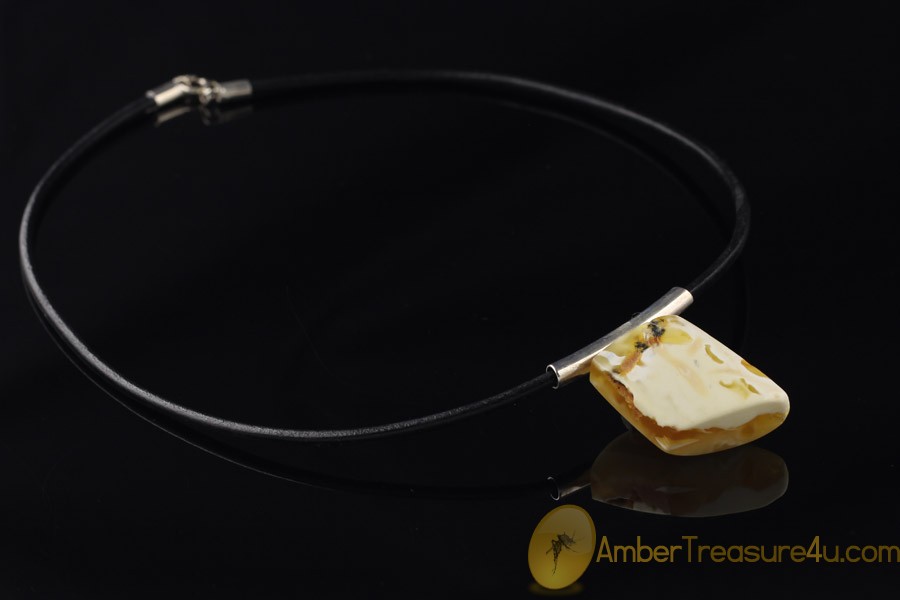 White & Butter Color Large Genuine BALTIC AMBER Pendant on Leather String White & Butter Color Large Genuine BALTIC AMBER Pendant on Leather String