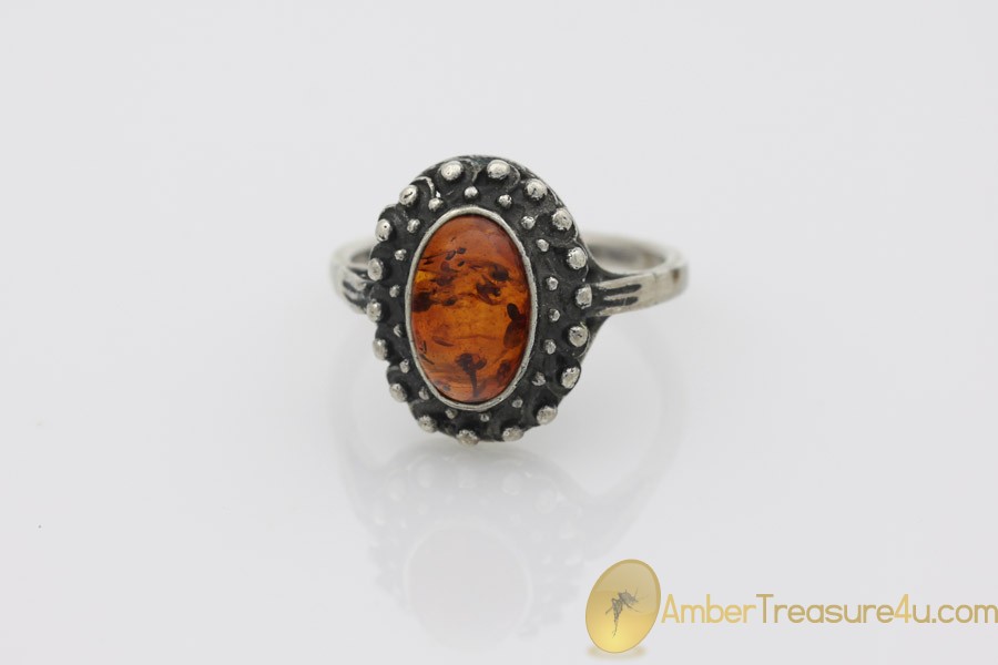 Excellent Cognac Color Genuine BALTIC AMBER Silver Ring 7.75 - 18mm 