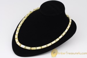 White Color Cylinder Shape Beads  Genuine BALTIC AMBER Unisex Necklace