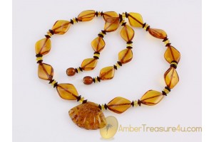 CARVED Glittering Shell Genuine BALTIC AMBER Necklace 19