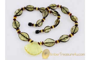 CARVED Shell Glittering beads Genuine BALTIC AMBER Necklace 18