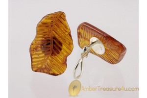 Carved Genuine BALTIC AMBER Silver Clip-on Earrings