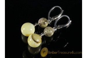 Unique Color Round Beads BALTIC AMBER Silver Earrings