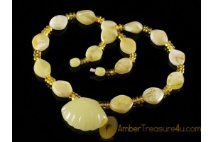 White CARVED Shell Genuine BALTIC AMBER Necklace 18